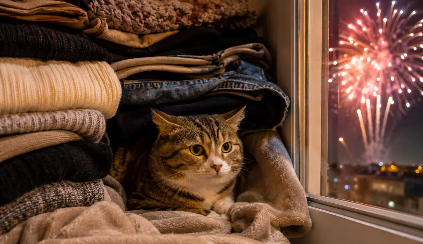gato escondido en armario por miedo a petardos y fuegos artificiales