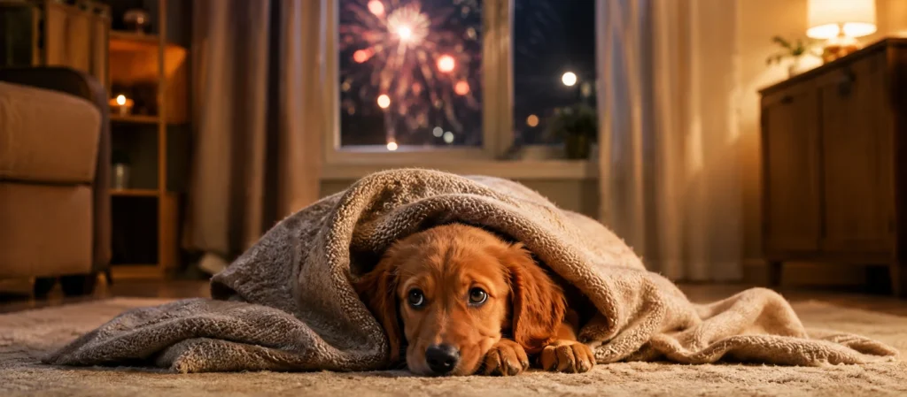 perro escondido bajo manta por miedo a petardos y fuegos artificiales